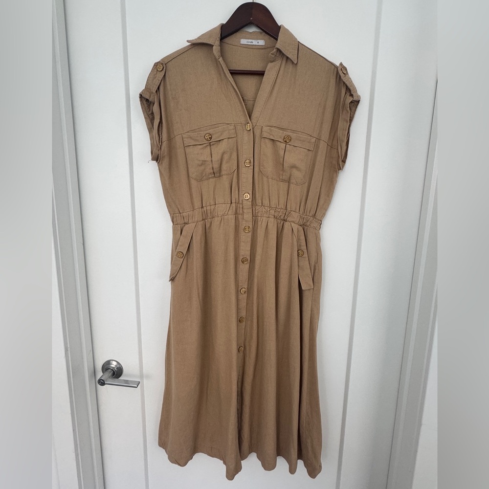 Linen Beige Button-Up Midi Dress